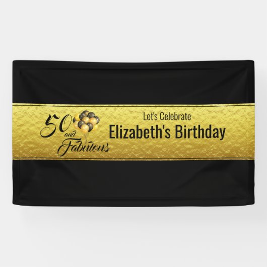 Elegant 50e verjaardag Gold Foil Black Typografie Spandoek (Horizontaal)