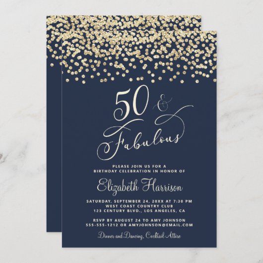 Elegant 50e verjaardag Gold Glitter Blue Kaart (Voorkant / Achterkant)