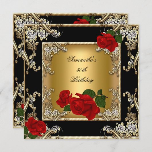 Elegant 50e verjaardag Gold Red Rose Black Kaart (Voorkant / Achterkant)