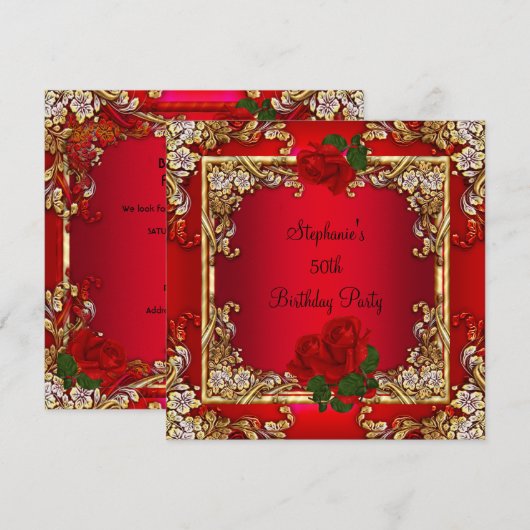 Elegant 50e verjaardag Gold Red Rose Floral Kaart (Voorkant / Achterkant)