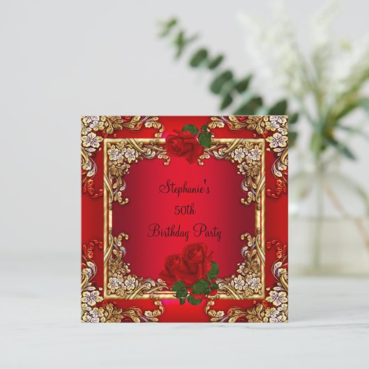 Elegant 50e verjaardag Gold Red Rose Floral Kaart (Staand voorkant)