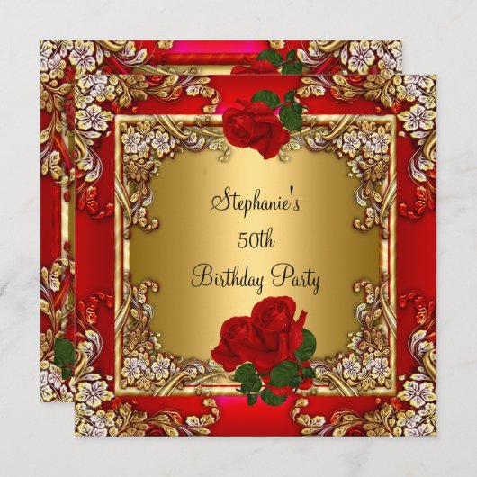 Elegant 50e verjaardag Gold Red Rose Kaart (Voorkant / Achterkant)