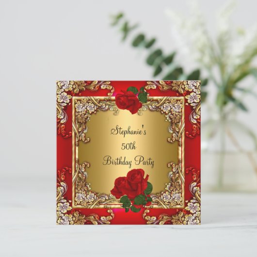 Elegant 50e verjaardag Gold Red Rose Kaart (Staand voorkant)
