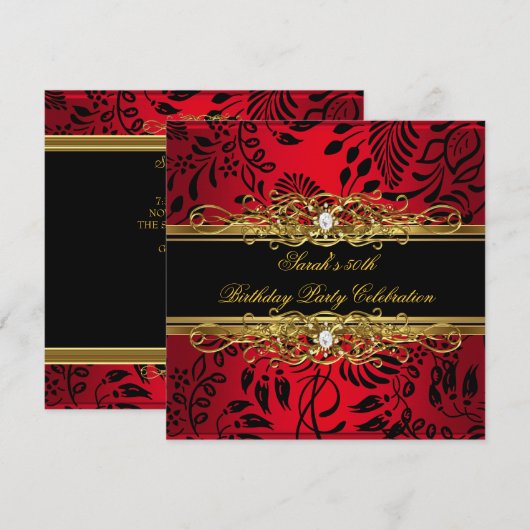 Elegant 50e verjaardag Red Black Gold Damask Kaart (Voorkant / Achterkant)