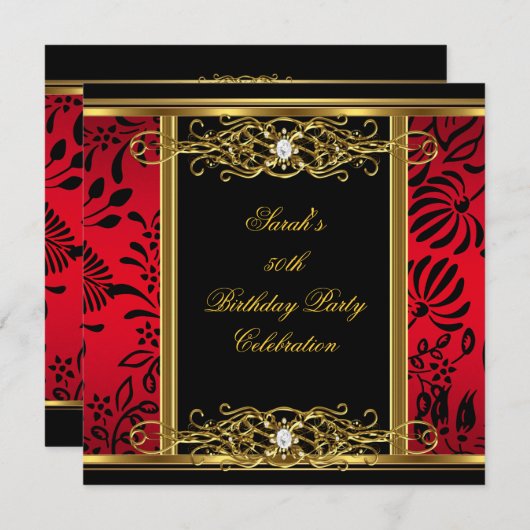 Elegant 50e verjaardag Red Black Gold Damask Kaart (Voorkant / Achterkant)
