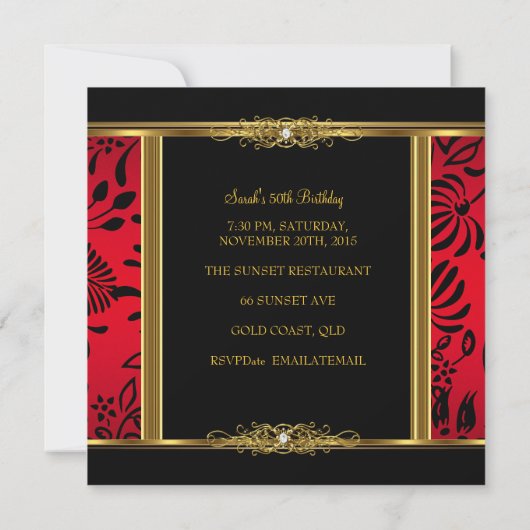 Elegant 50e verjaardag Red Black Gold Damask Kaart (Achterkant)