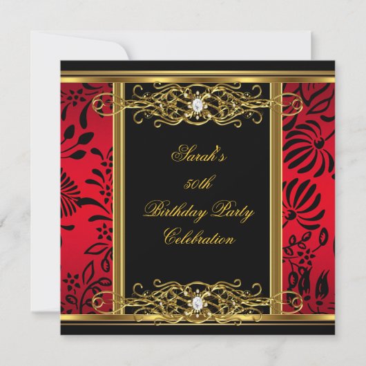Elegant 50e verjaardag Red Black Gold Damask Kaart (Voorkant)
