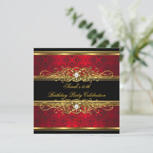 Elegant 50e verjaardag Red Black Gold Damask Kaart (Staand voorkant)