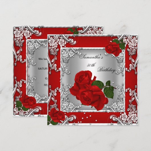 Elegant 50e verjaardag Red Rose Silver Kaart (Voorkant / Achterkant)