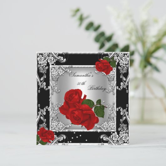 Elegant 50e verjaardag Red Rose Silver Kaart (Staand voorkant)
