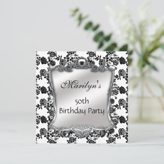Elegant 50e verjaardag Silver Black White Fl Kaart (Staand voorkant)