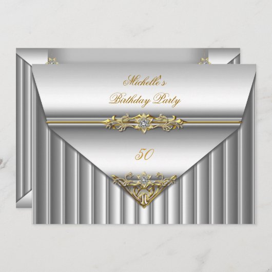 Elegant 50e verjaardag Silver Gold Diamond 3 Kaart (Voorkant / Achterkant)