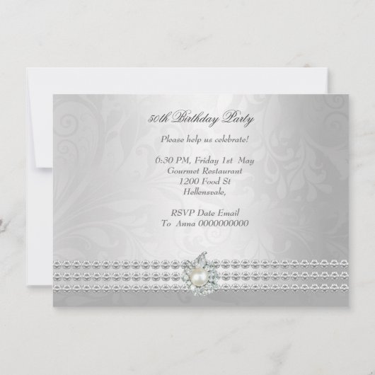 Elegant 50e verjaardag Silver White Diamond Pearl Kaart (Achterkant)