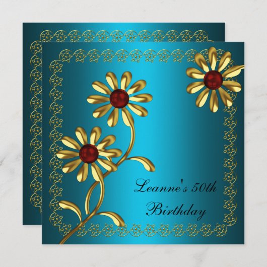 Elegant 50e verjaardag White Gold Blauwgroen Flora Kaart (Voorkant / Achterkant)