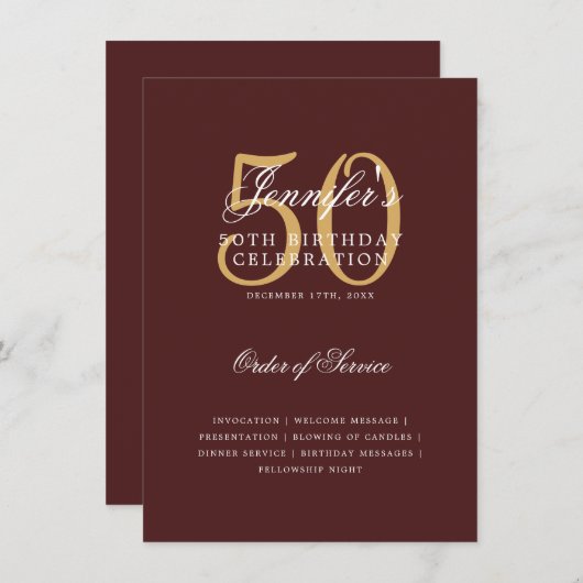 Elegant 50e verjaardagsprogramma Gold Bourgogne Me Kaart (Voorkant / Achterkant)