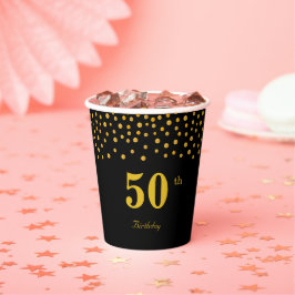Elegant 50ste verjaardag & gouden confetti op zwar papieren bekers