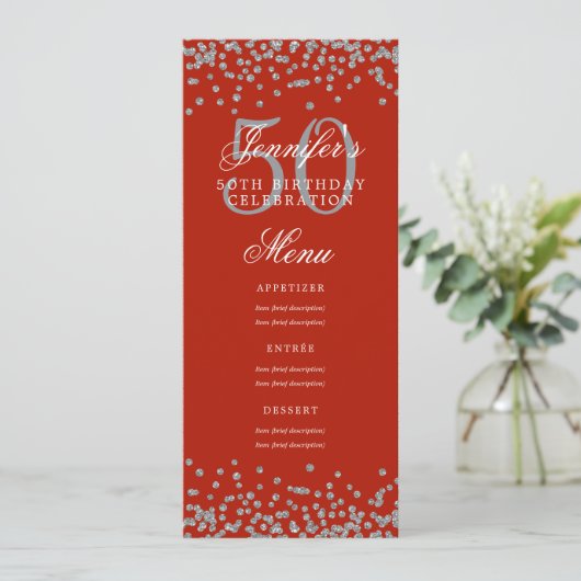 Elegant 50ste verjaardag Menu Zilver Rood Confetti Kaart (Staand voorkant)