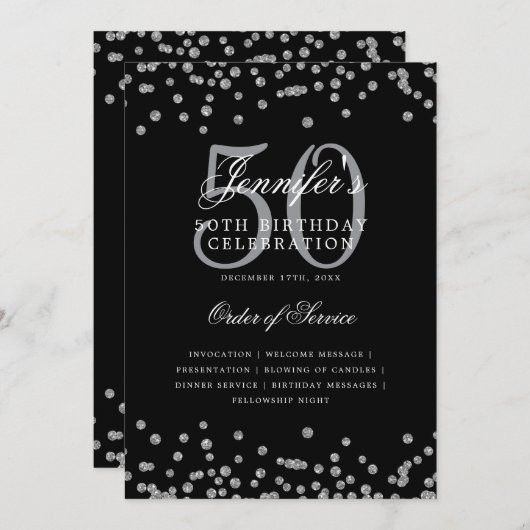 Elegant 50ste verjaardag programma Menu Zilver Zwa (Voorkant / Achterkant)