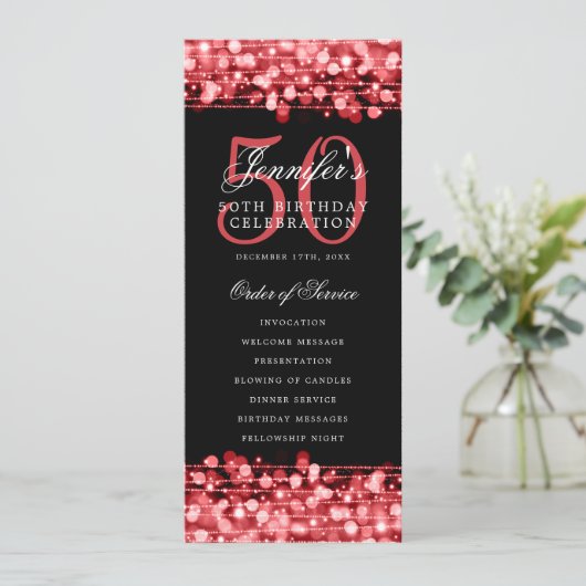 Elegant 50ste verjaardag programma rood Dank u (Staand voorkant)