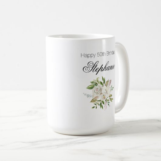 Elegant 50ste verjaardag witte bloem script koffiemok (Voorkant rechts)