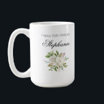 Elegant 50ste verjaardag witte bloem script koffiemok<br><div class="desc">Maak de dag extra speciaal met dit prachtige ontwerp. Neem gerust contact met mij op als u vragen heeft of als u deze bestelling verder wilt aanpassen. Ik ben altijd blij om te helpen!</div>