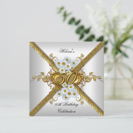 Elegant 50ste verjaardagsfeest White Daisy Gold Kaart (Staand voorkant)