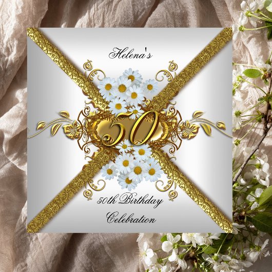 Elegant 50ste verjaardagsfeest White Daisy Gold Kaart