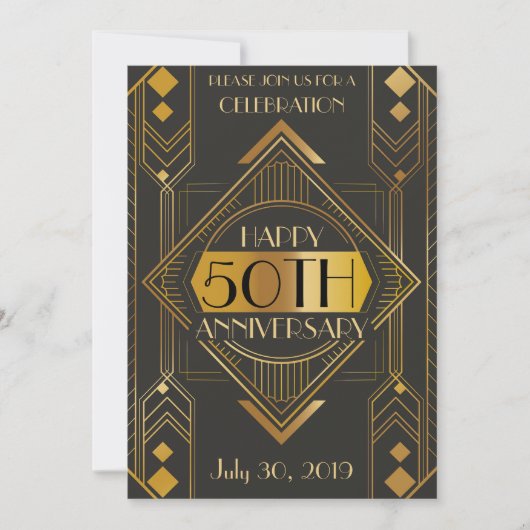 Elegant 50th Art Deco Jubileum Uitnodigen Kaart (Voorkant)