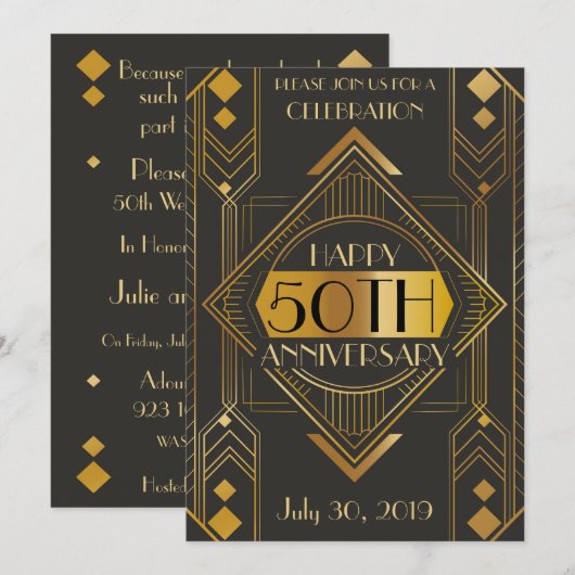 Elegant 50th Art Deco Jubileum Uitnodigen Kaart (Voorkant / Achterkant)