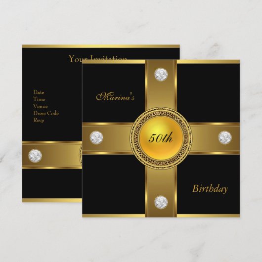 Elegant 50th Birthday Black Gold Diamond Jewel Kaart (Voorkant / Achterkant)