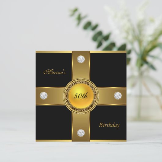 Elegant 50th Birthday Black Gold Diamond Jewel Kaart (Staand voorkant)