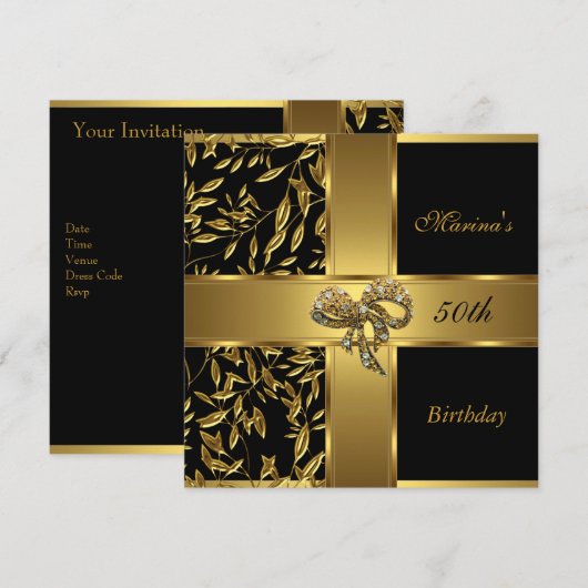 Elegant 50th Birthday Black Gold Floral Bow 2 Kaart (Voorkant / Achterkant)