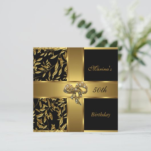 Elegant 50th Birthday Black Gold Floral Bow 2 Kaart (Staand voorkant)