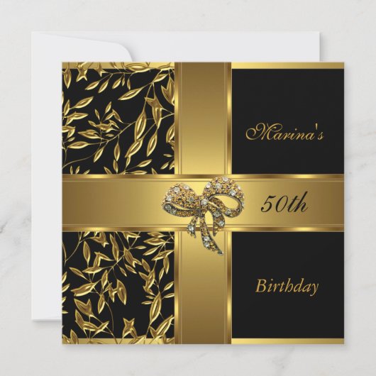 Elegant 50th Birthday Black Gold Floral Bow 2 Kaart (Voorkant)