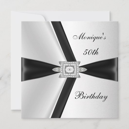 Elegant 50th Birthday Black White Diamond Kaart (Voorkant)