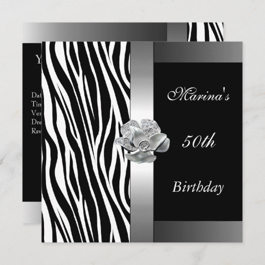 Elegant 50th Birthday Black White Silver Zebra Kaart (Voorkant / Achterkant)