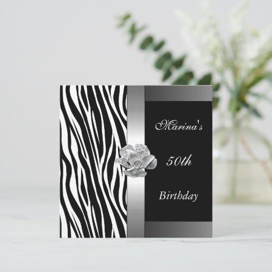 Elegant 50th Birthday Black White Silver Zebra Kaart (Staand voorkant)