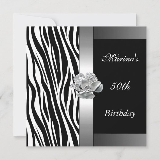 Elegant 50th Birthday Black White Silver Zebra Kaart (Voorkant)