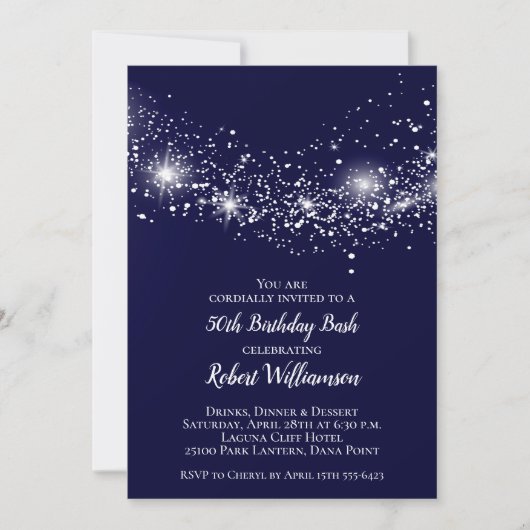 Elegant 50th Birthday Glitter Sky Navy Blue Invite (Voorkant)