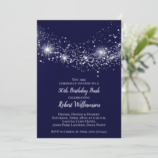 Elegant 50th Birthday Glitter Sky Navy Blue Invite (Staand voorkant)