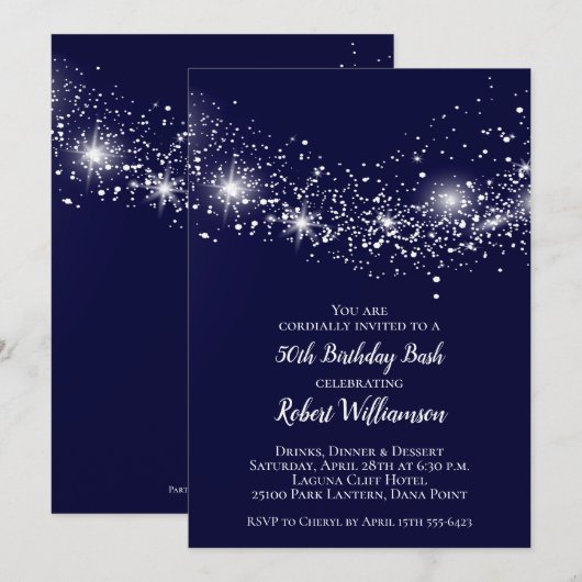 Elegant 50th Birthday Glitter Sky Navy Blue Invite (Voorkant / Achterkant)