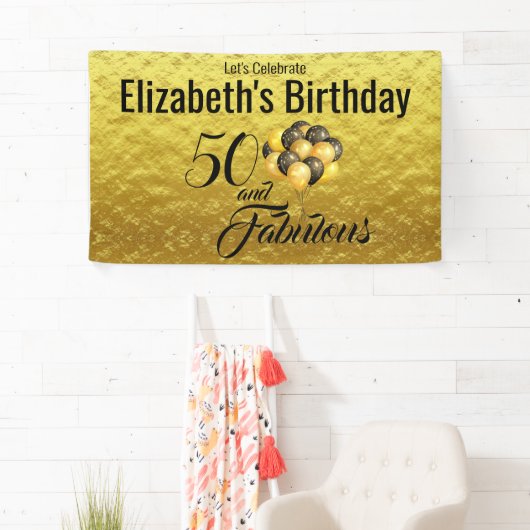 Elegant 50th Birthday Gold Foil Black Typografie Spandoek (Insitu)