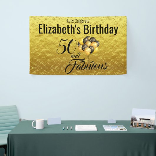 Elegant 50th Birthday Gold Foil Black Typografie Spandoek (Beurs)