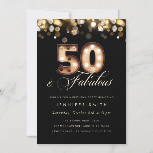 Elegant 50th Birthday Invitation Black and Gold Kaart (Voorkant)