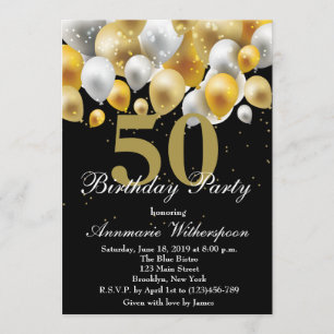 Elegant 50th Birthday Invitation Gold Balloons Kaart
