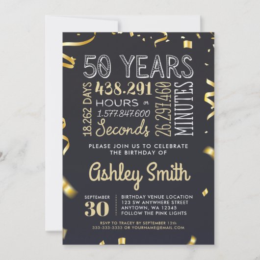 Elegant 50th Birthday Invitation Gold Glitter Kaart (Voorkant)