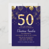 Elegant 50th Birthday Invitation with Gold Ballons Kaart (Voorkant)