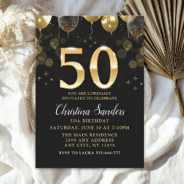 Elegant 50th Birthday Invitation with Gold Ballons Kaart