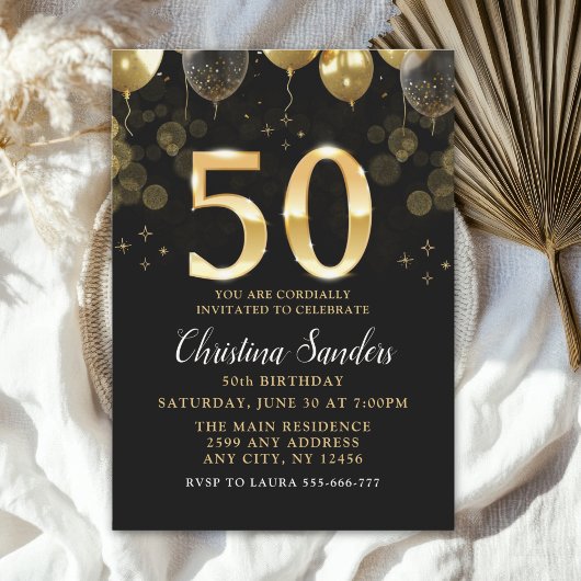 Elegant 50th Birthday Invitation with Gold Ballons Kaart