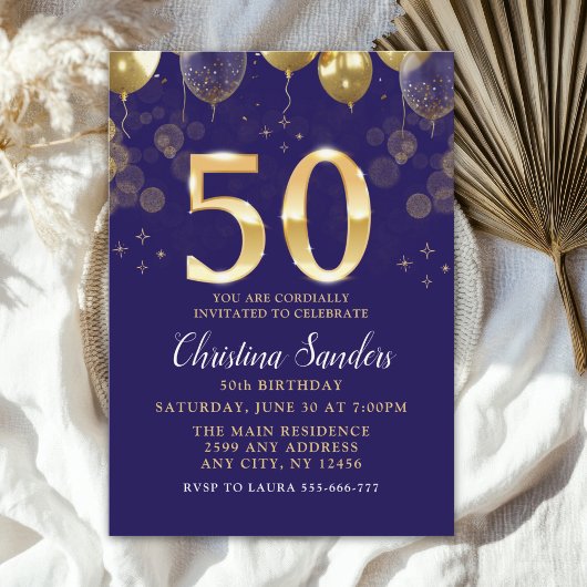 Elegant 50th Birthday Invitation with Gold Ballons Kaart